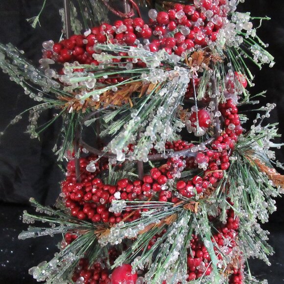 Frosted Christmas Pine and Holly Berry Beaded Snow Tree Table Decor - Picture 2 of 6
